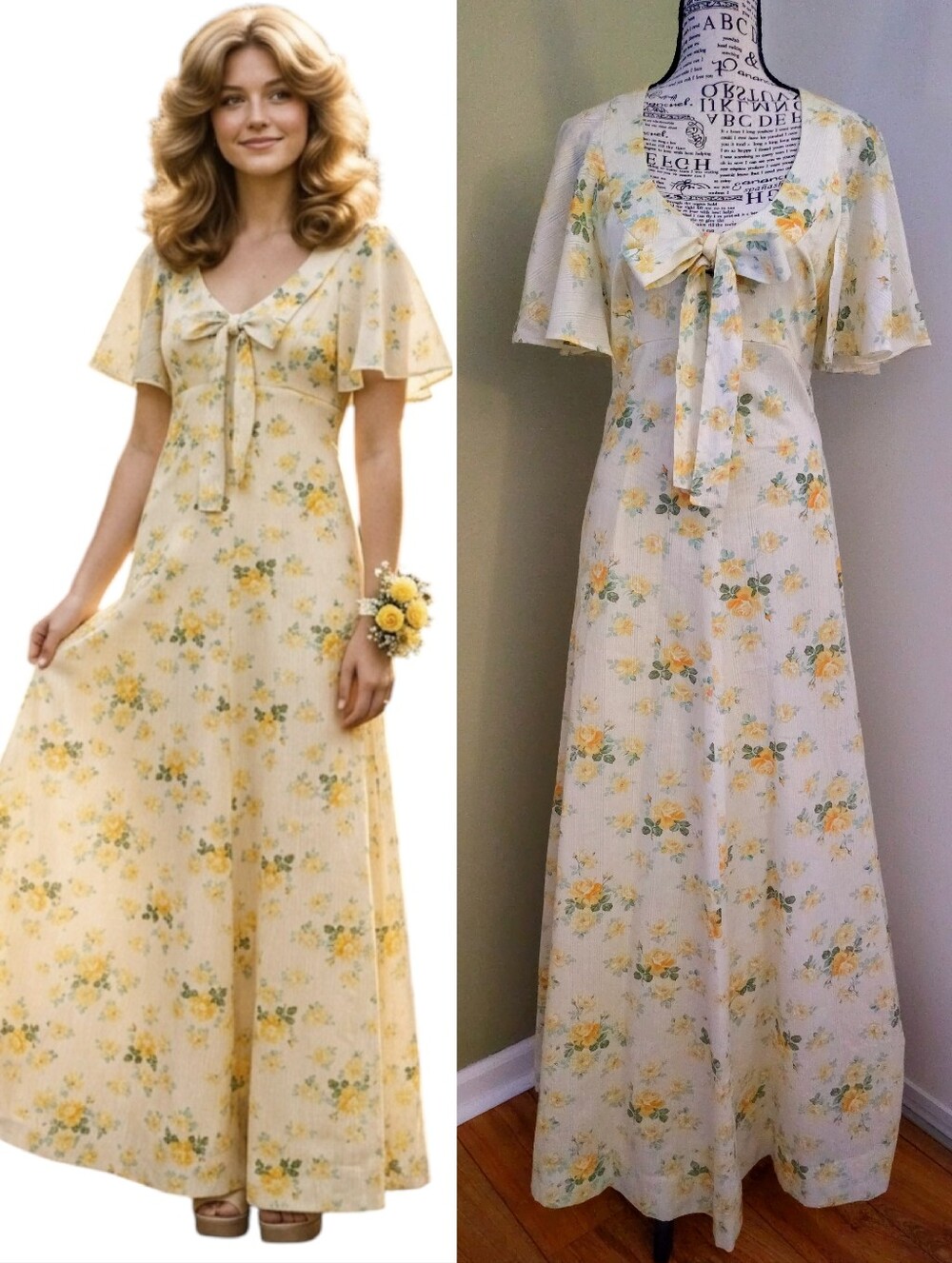 VTG 60s Yellow Floral‎ Empire Waist Maxi Prairie Prom Dress *Small Cottagecore